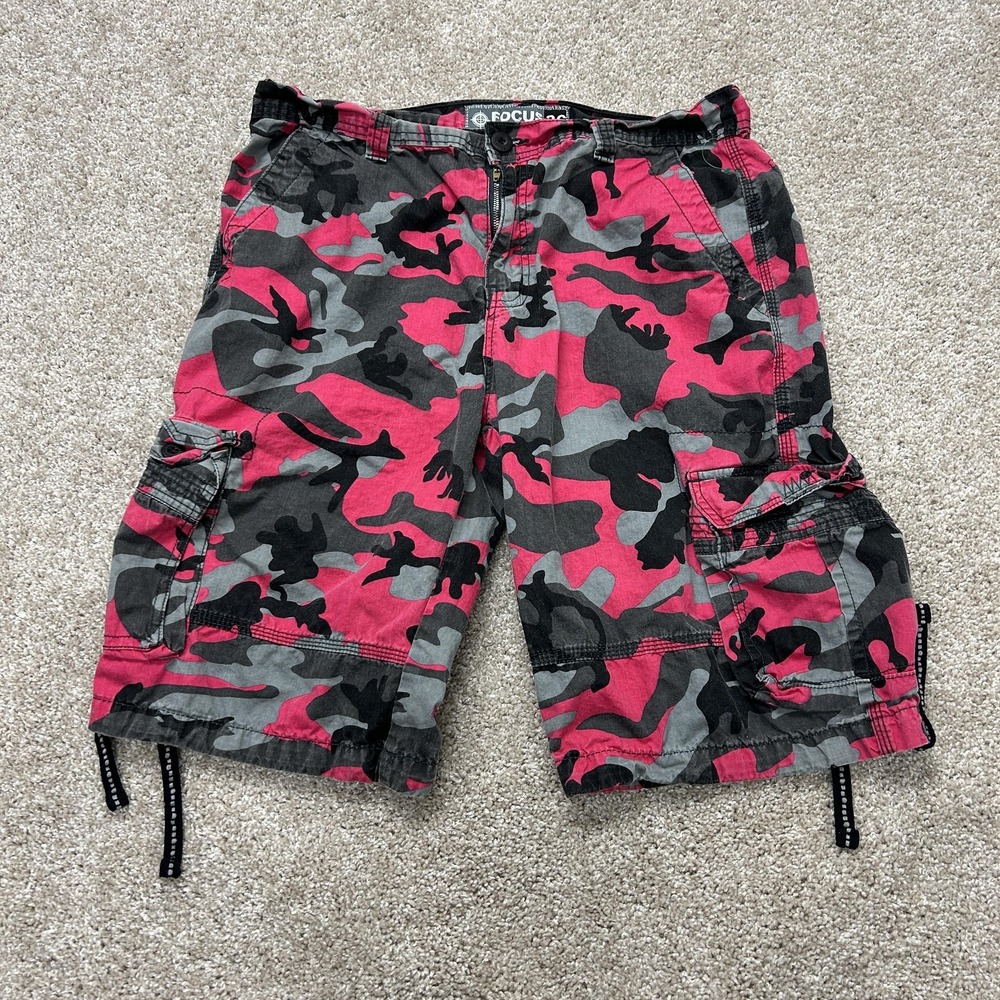 Y2K Baggy Cargo Shorts Mens 36 Pink Camo Drawstring Pockets Summer Casual